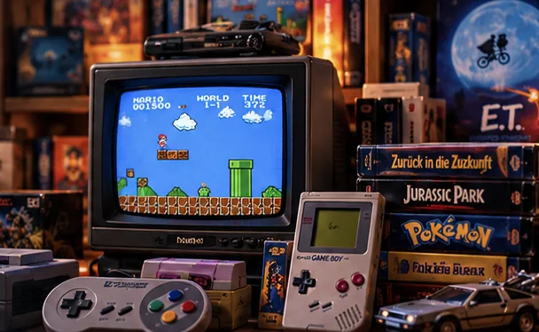 Retro-Zimmer mit klassischen
             Konsolen und Röhrenfernseher